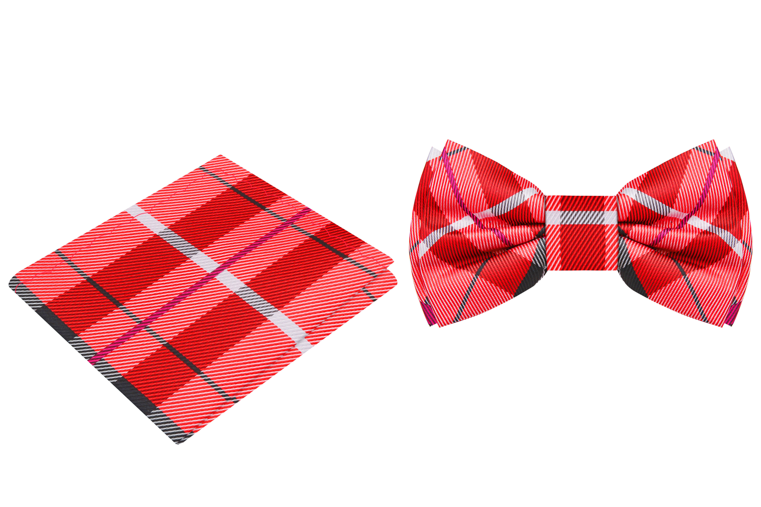 View 2: A Red, Black, White Plaid Pattern Silk Self Tie Bow Tie, Matching Pocket Square 