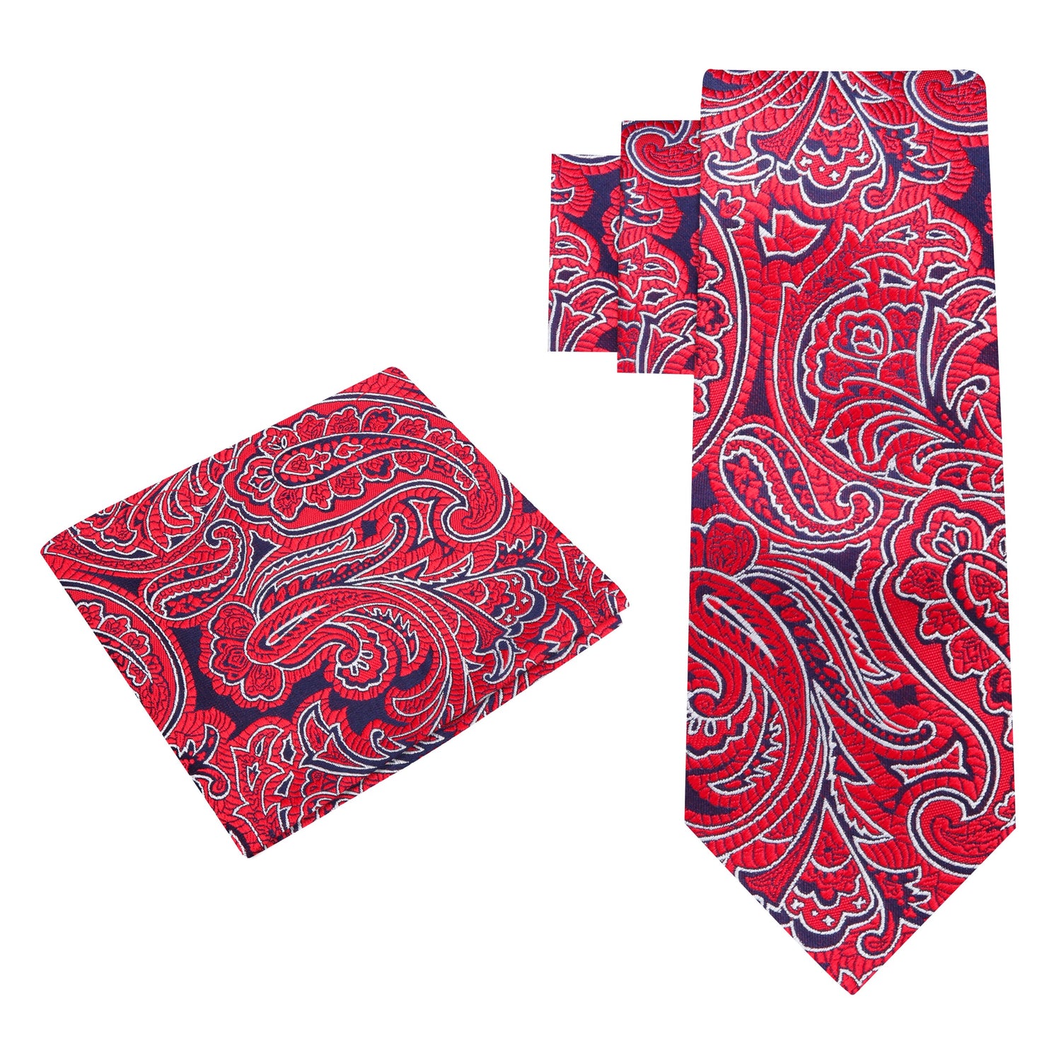 Alt View: A Red, Dark Blue Paisley Pattern Silk Necktie, Matching Pocket Square