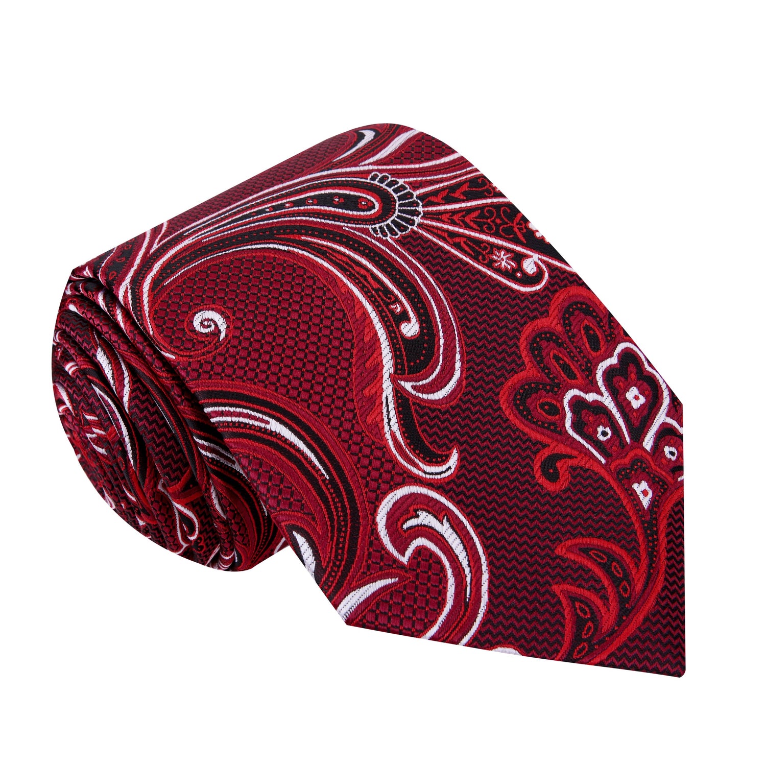 A Red, White, Black Color Paisley Pattern Silk Necktie 