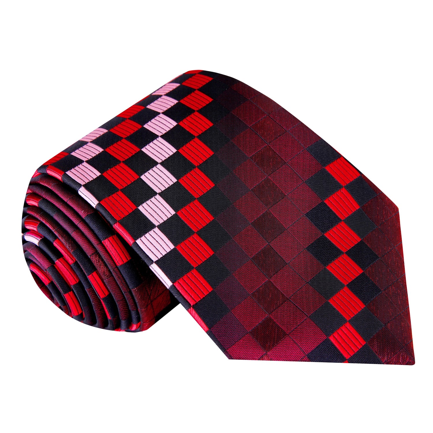 A Red, Black Geometric Squares Pattern Silk Necktie 