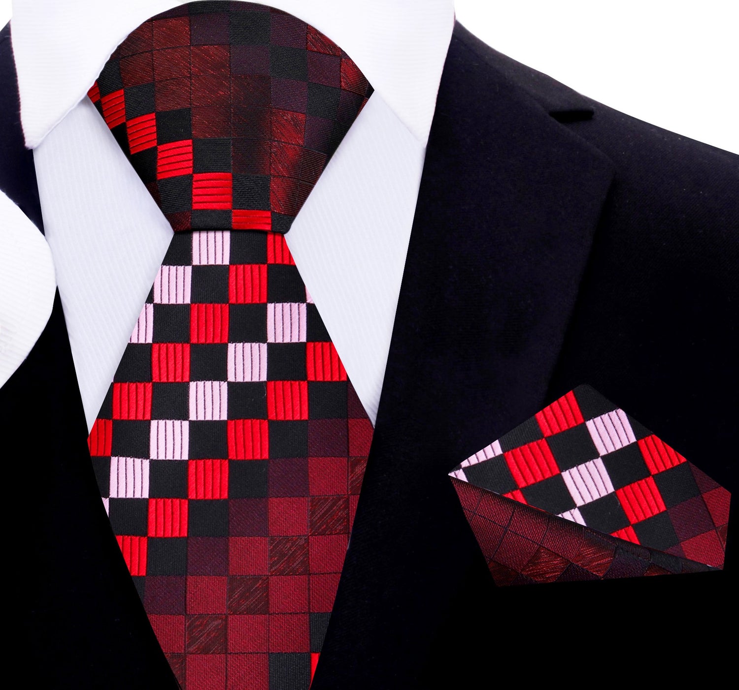 A Red, Black Geometric Squares Pattern Silk Necktie, Pocket Square