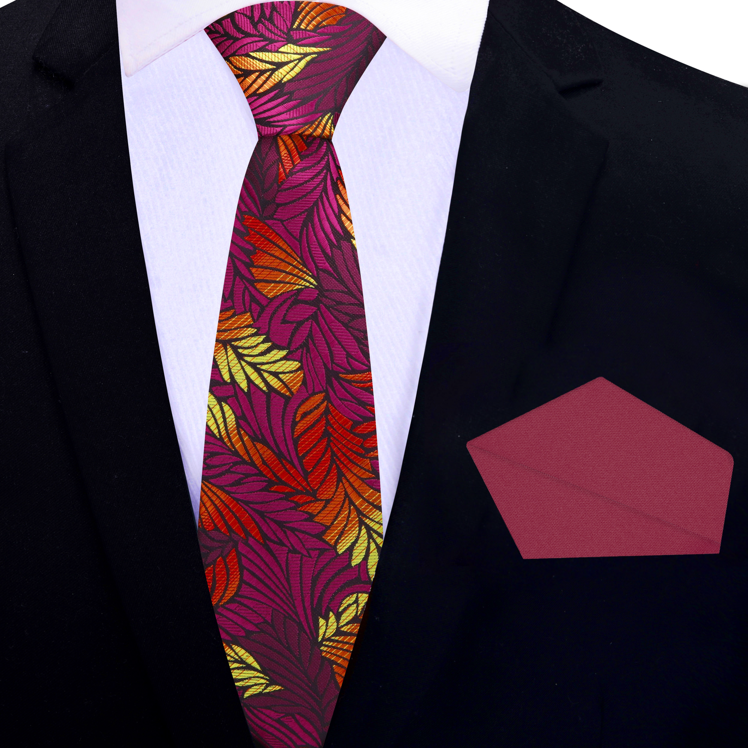 Thin Tie: Purple, Red, Yellow Monarch Feather Tie and Pocket Square