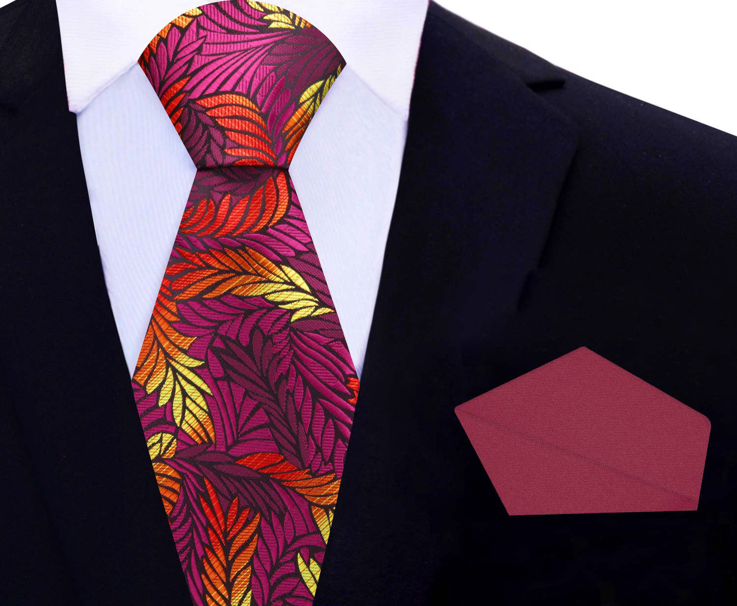 Main View: Purple, Red, Yellow Monarch Feather Tie and Pocket Square