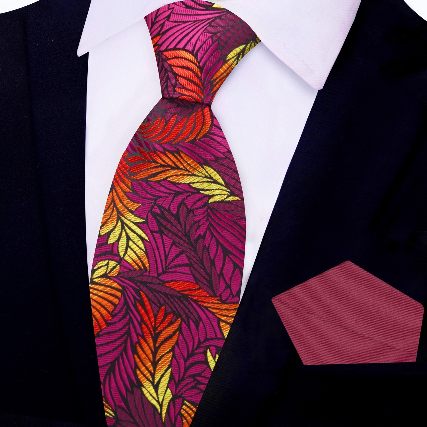 View 2: Purple, Red, Yellow Monarch Feather Tie and Pocket Square