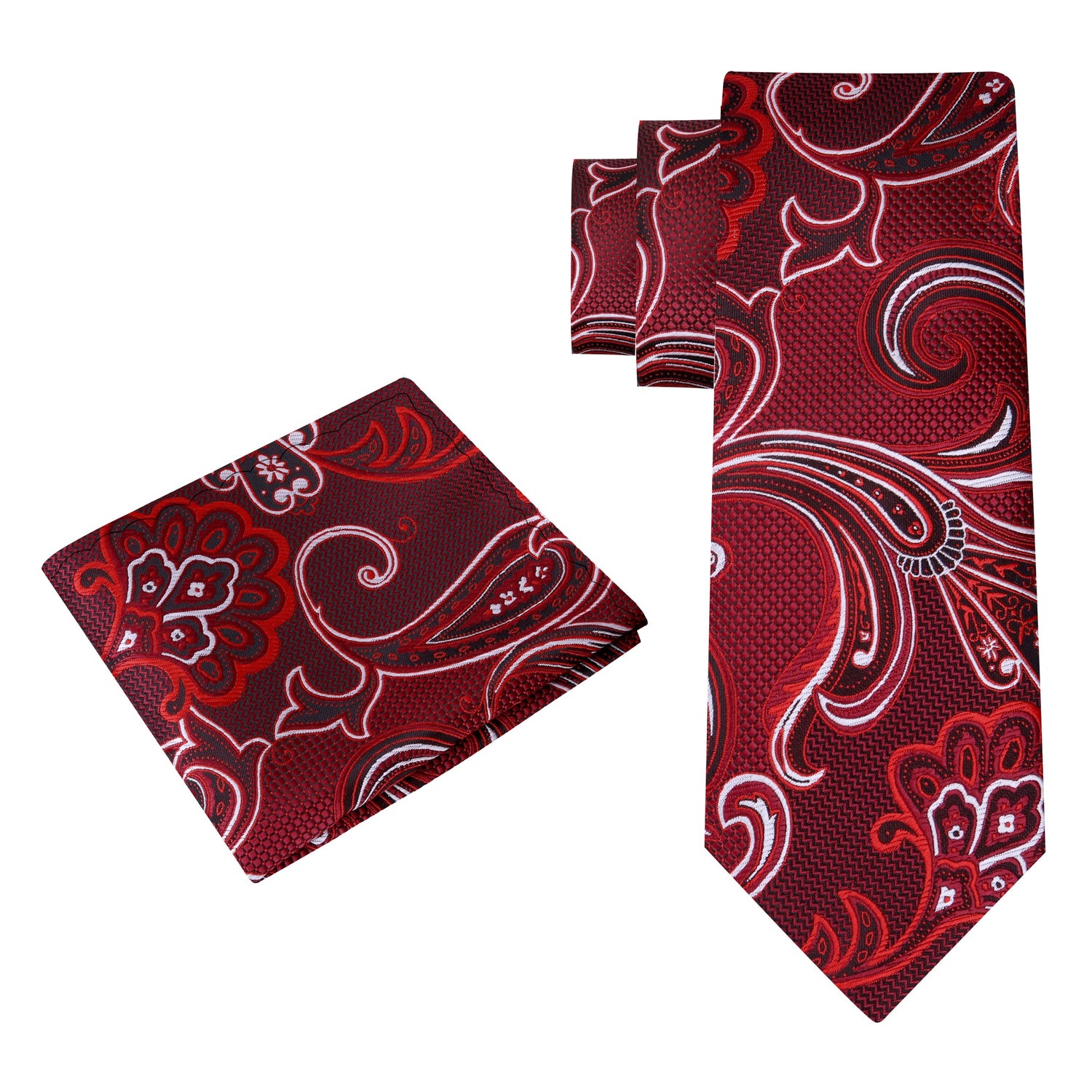 Alt View: A Red, White, Black Color Paisley Pattern Silk Necktie, Matching Pocket Square