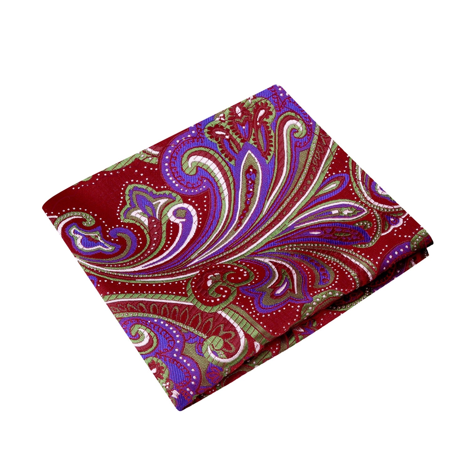 A Red, Purple, Green Paisley Pattern Silk Pocket Square