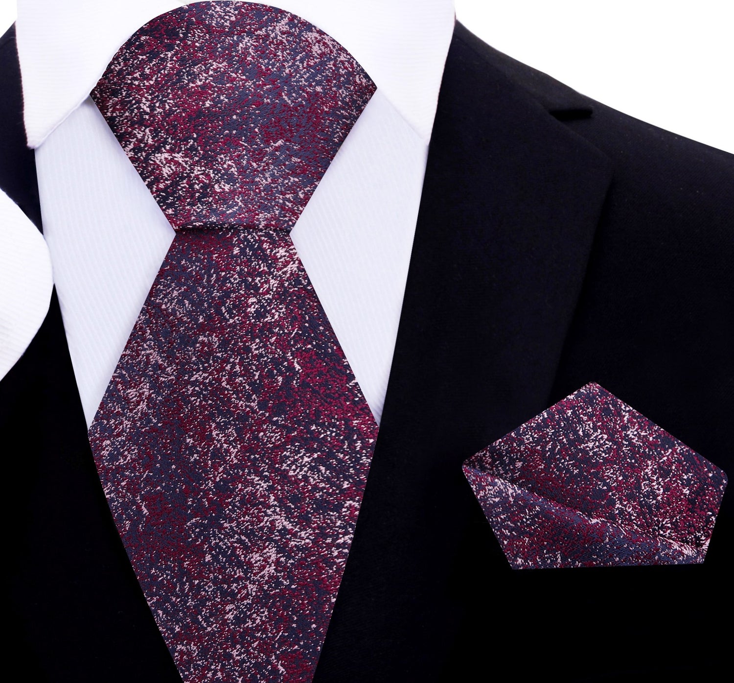 A Fury Red, Peach Sand, Midnight Blue Color Textured Pattern Silk Tie, Pocket Square