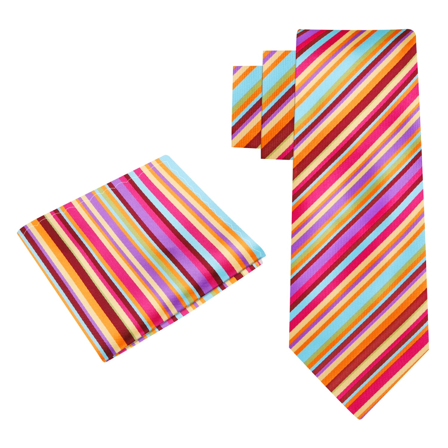 Alt View: A Red, Purple, Light Blue, Orange Stripe Pattern Silk Necktie, Matching Pocket Square