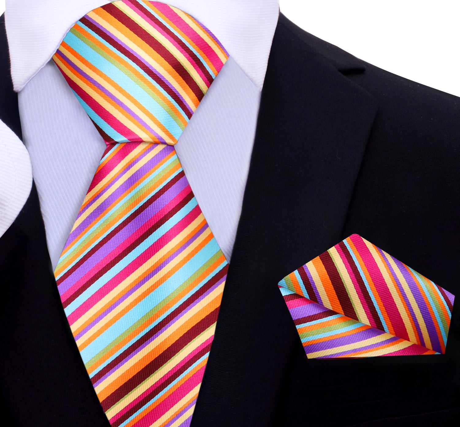 A Red, Purple, Light Blue, Orange Stripe Pattern Silk Necktie, Matching Pocket Square