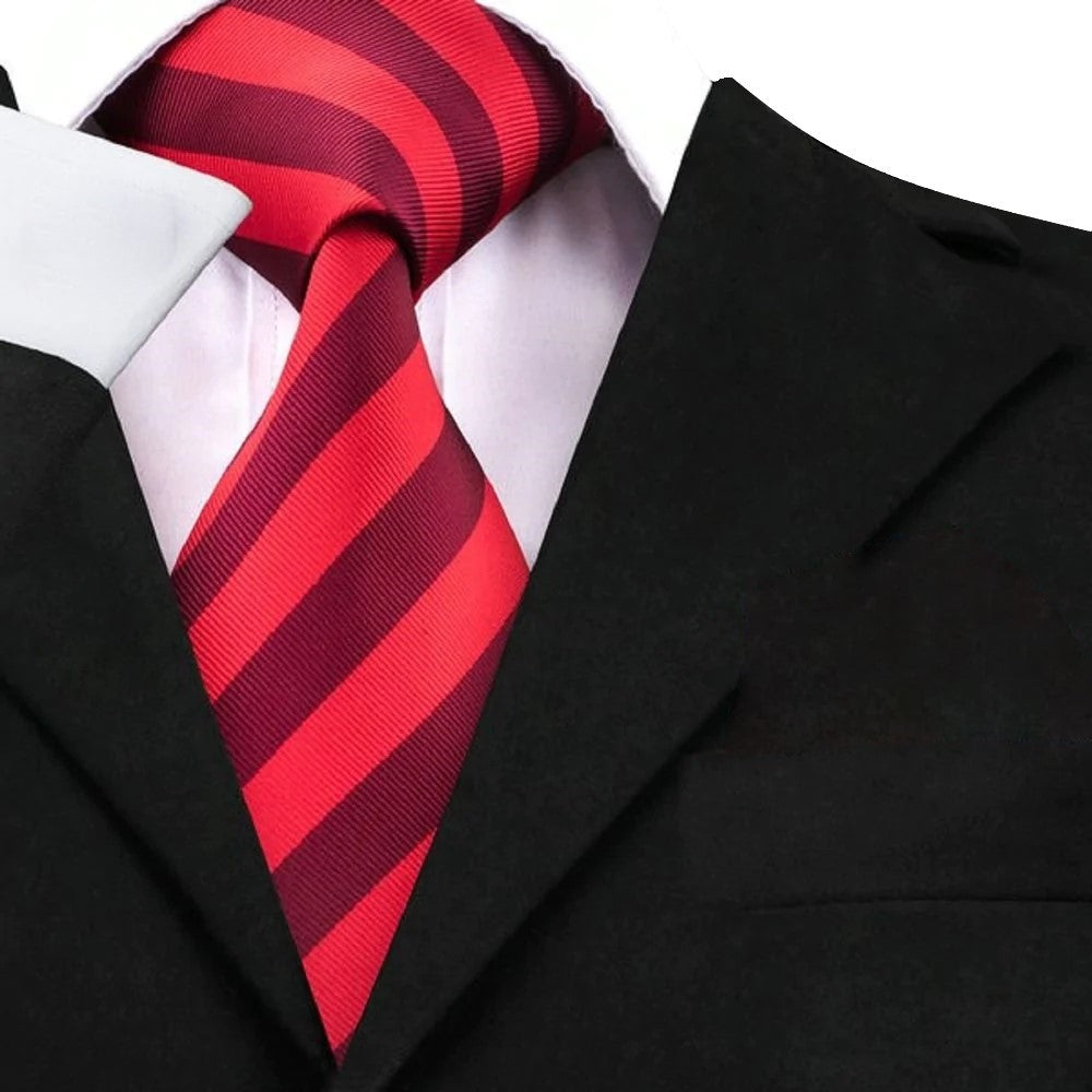 A Red, Dark Red Stripe Pattern Silk Necktie 