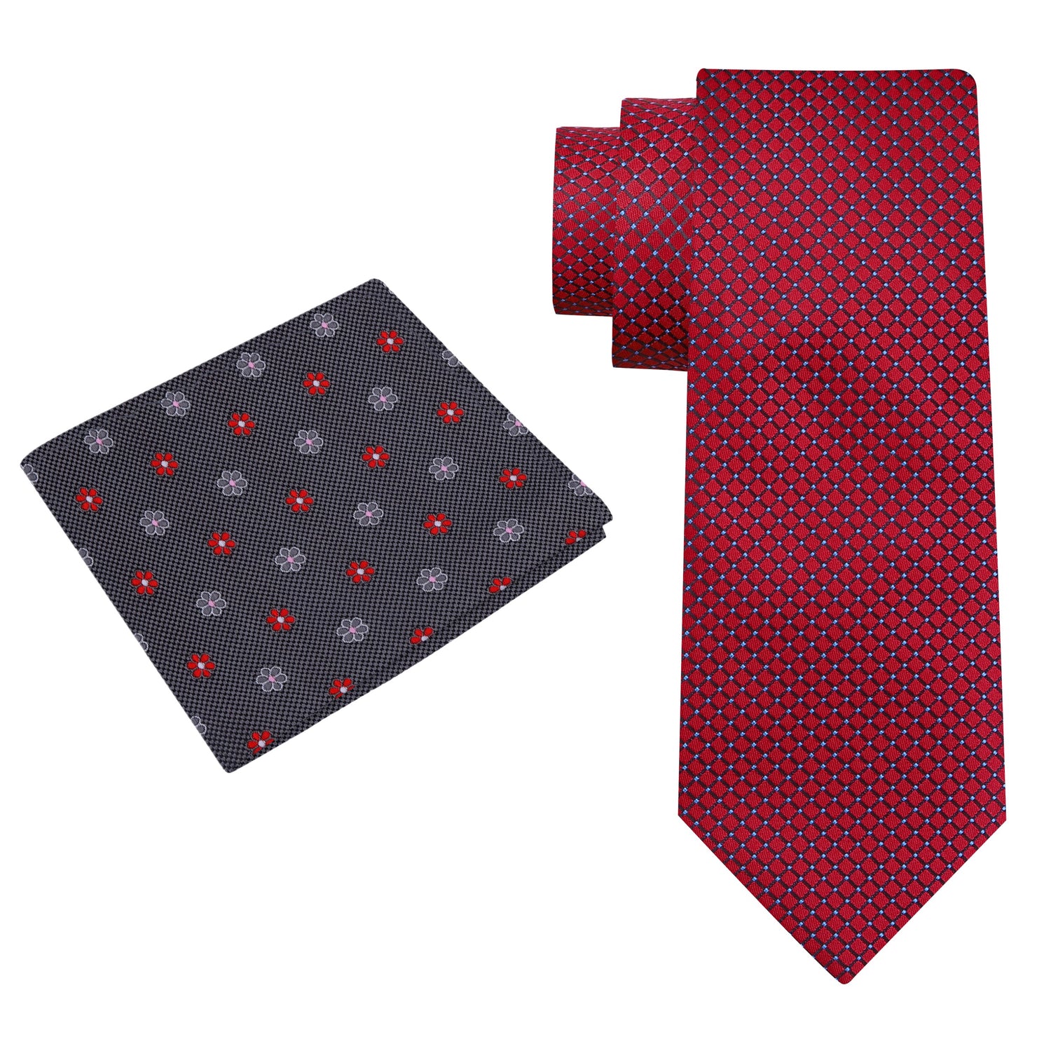 Alt View: A Burgundy Small Geometric Diamond With Small Dots Pattern Silk Necktie With Grey, Red Floral Pocket Square
