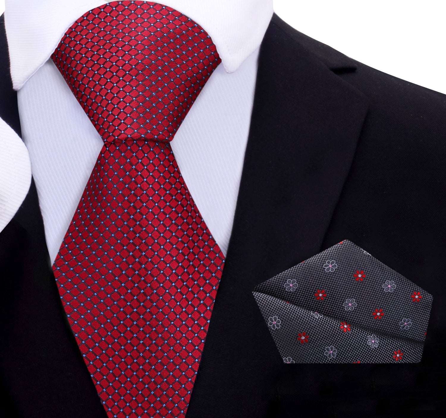 A Burgundy Small Geometric Diamond With Small Dots Pattern Silk Necktie With Grey, Red Floral Pocket Square
