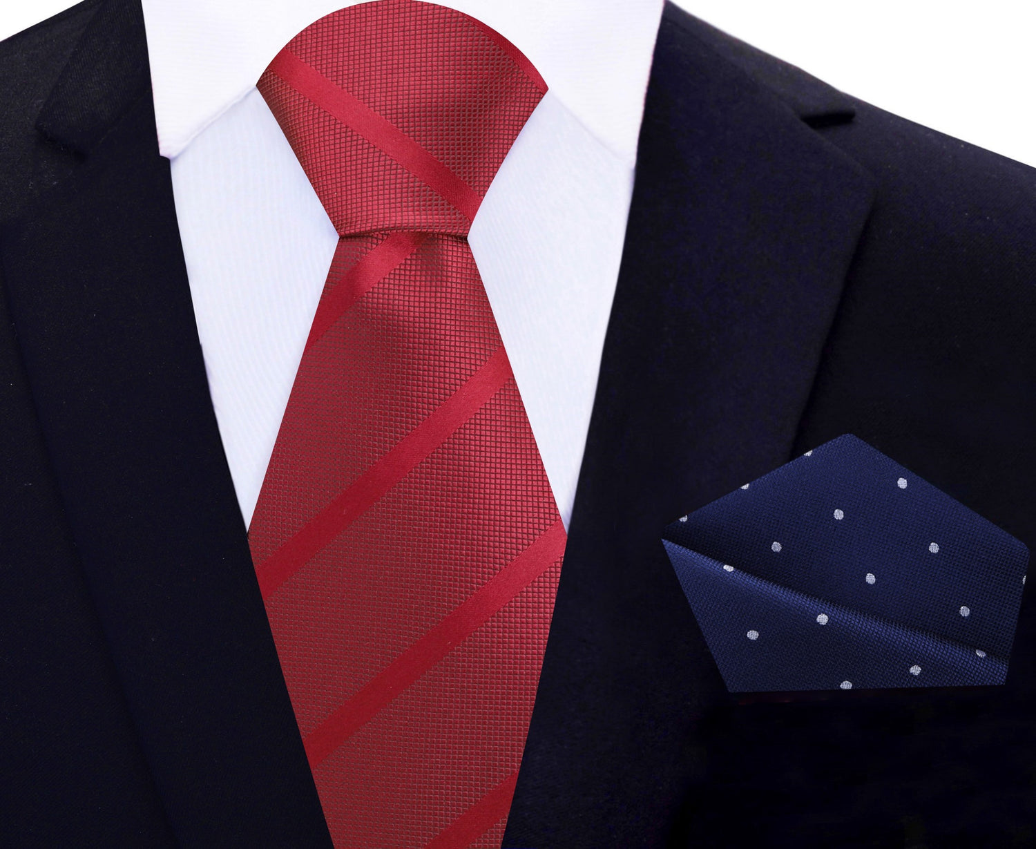 Red Stripe Tie and Blue, Grey Polka Pocket Square