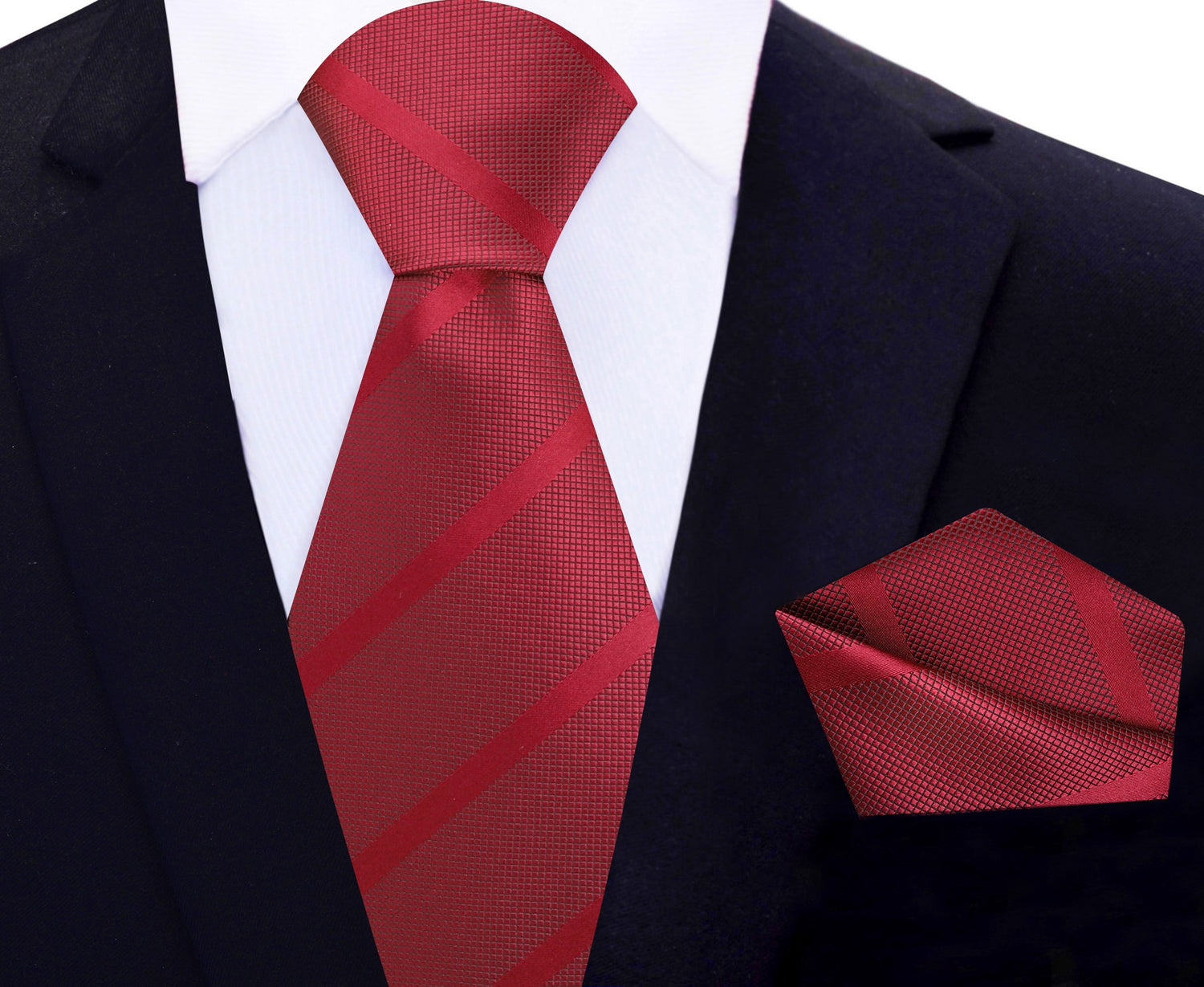 Main View: Scarlet Red Stripe Tie and Pocket Square