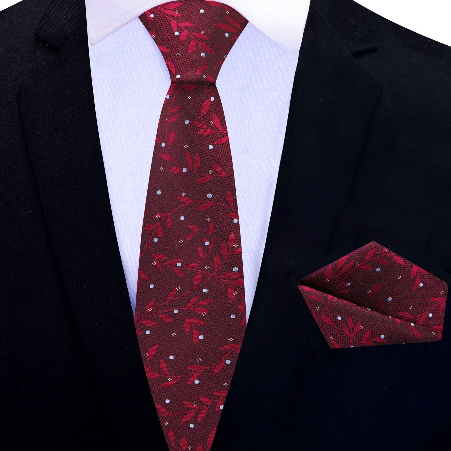 Thin Tie: Deep Red Vines Necktie with Matching Pocket Square