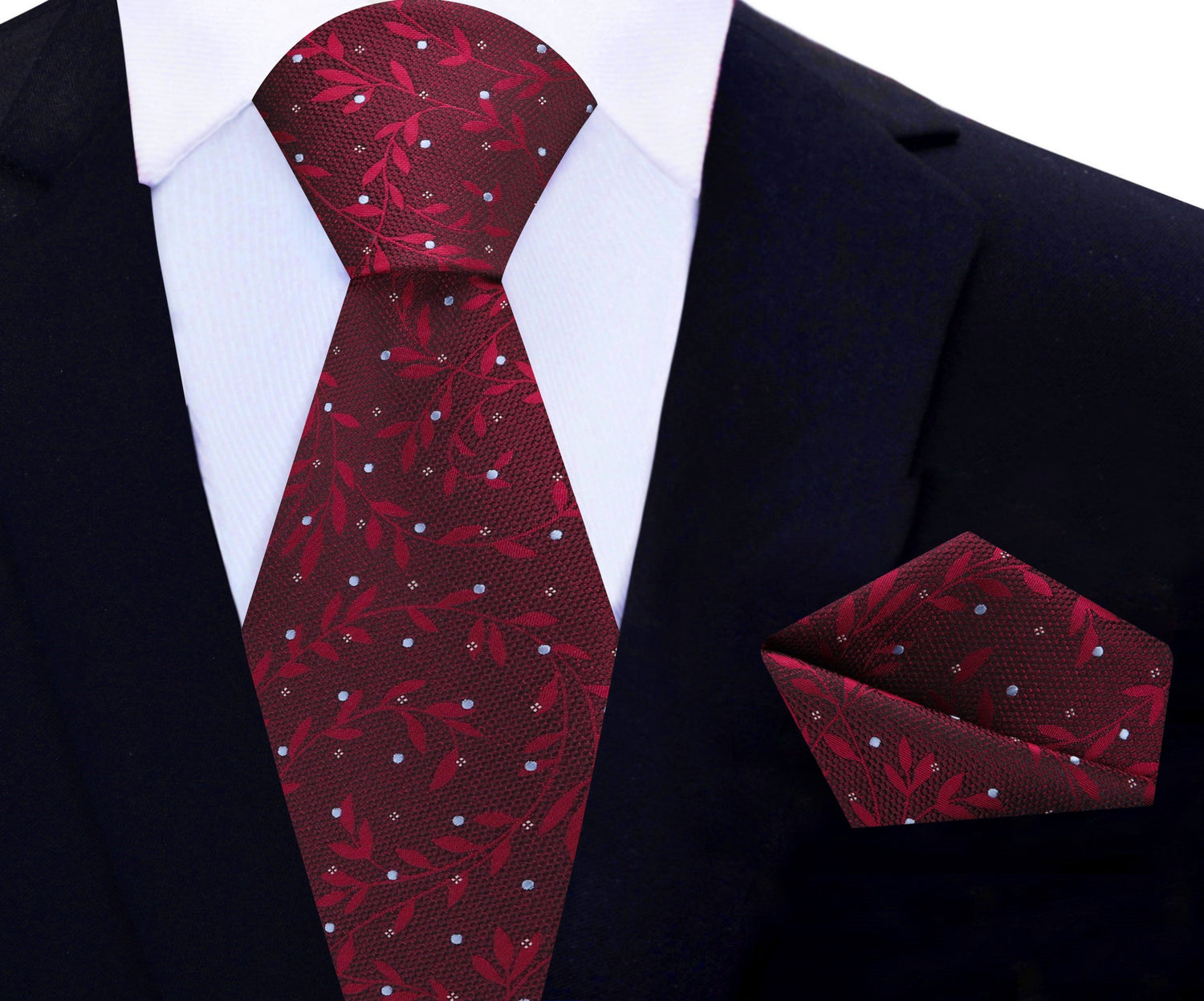 Deep Red Vines Necktie with Matching Pocket Square