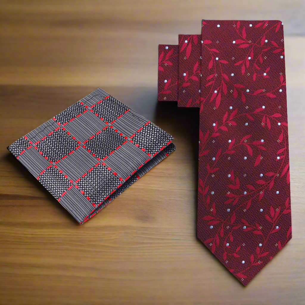 Alt View: Deep Red Vines Necktie with Accenting Pocket Square