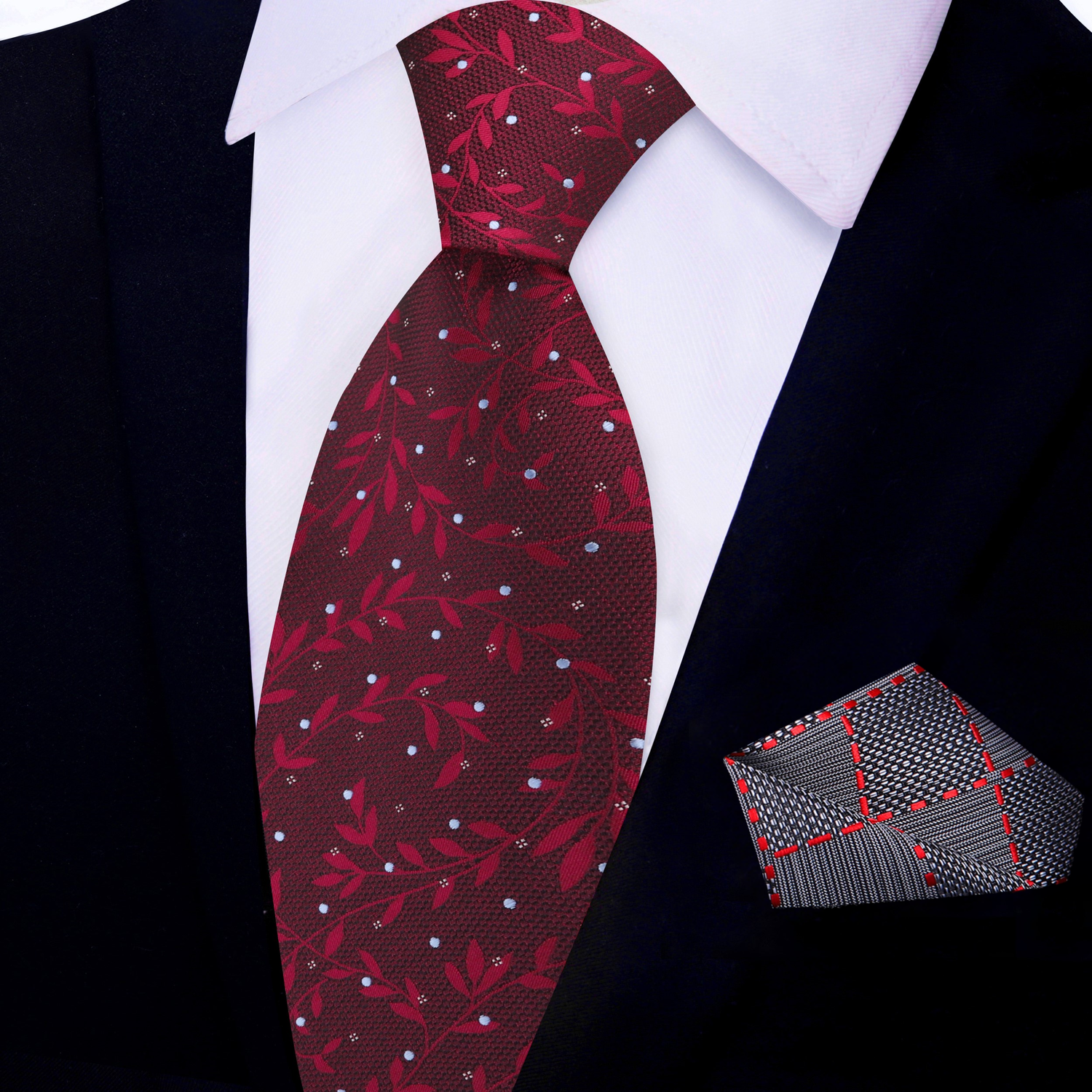 View 2: Deep Red Vines Necktie with Accenting Pocket Square