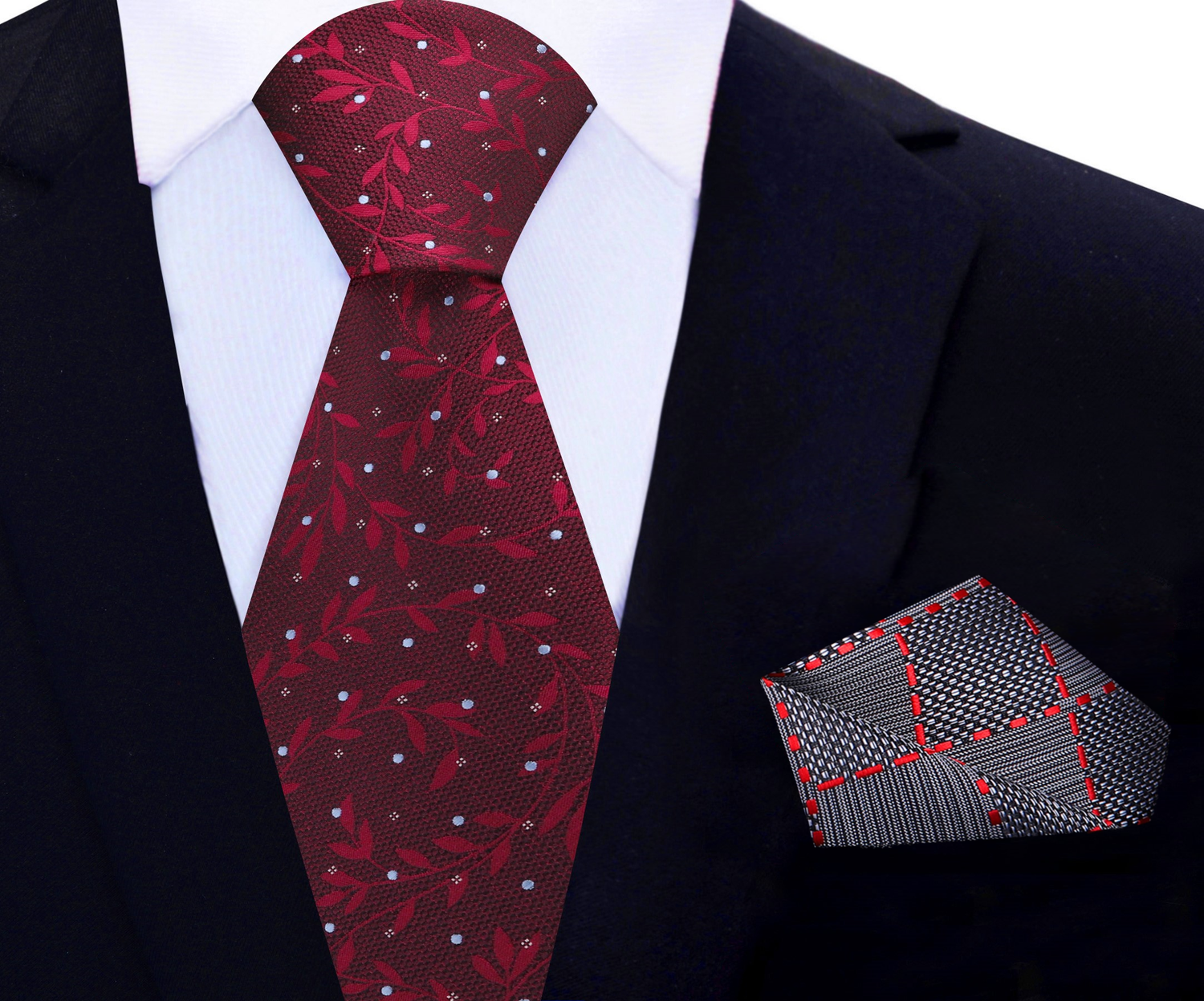 Deep Red Vines Necktie with Accenting Pocket Square