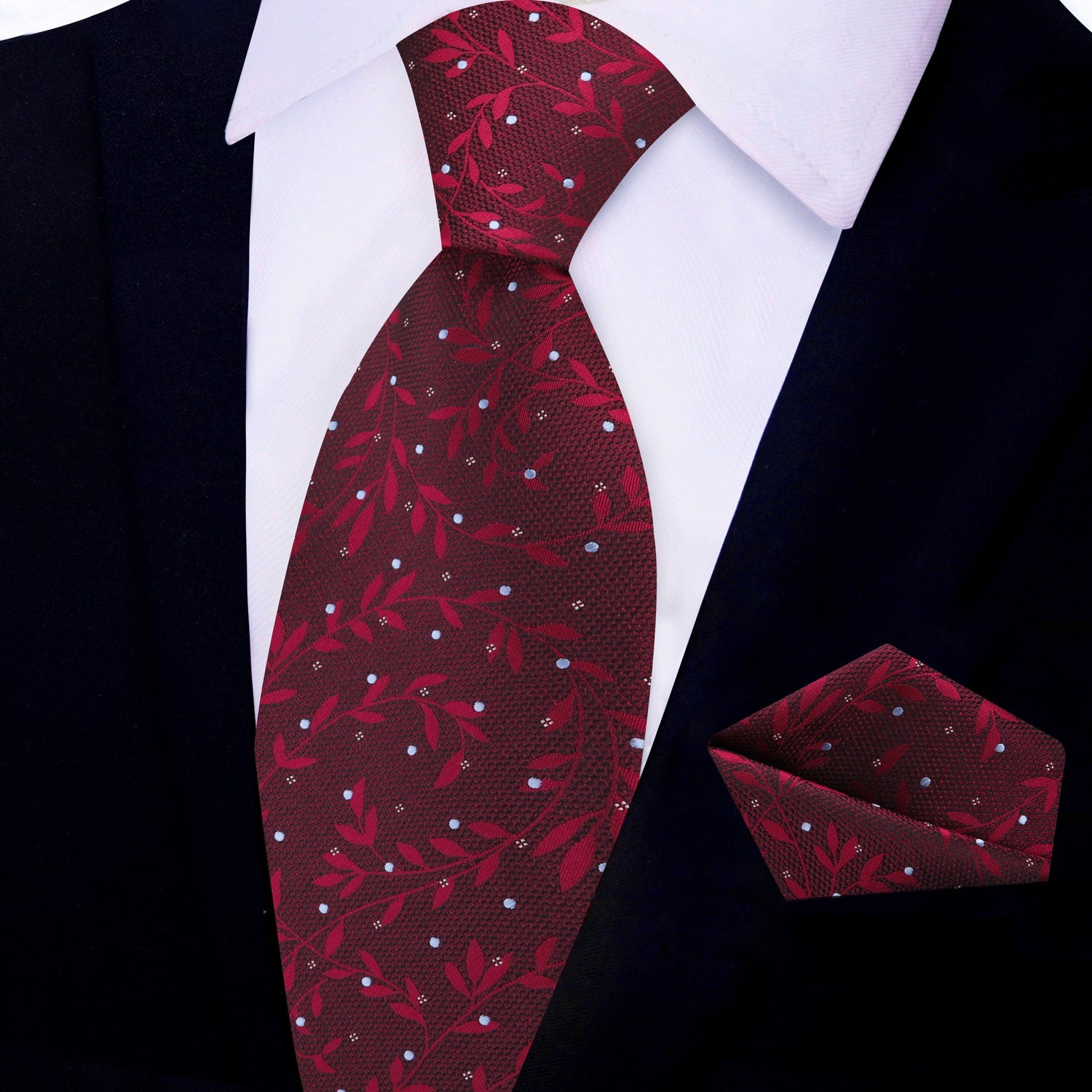View 2: Deep Red Vines Necktie with Matching Pocket Square