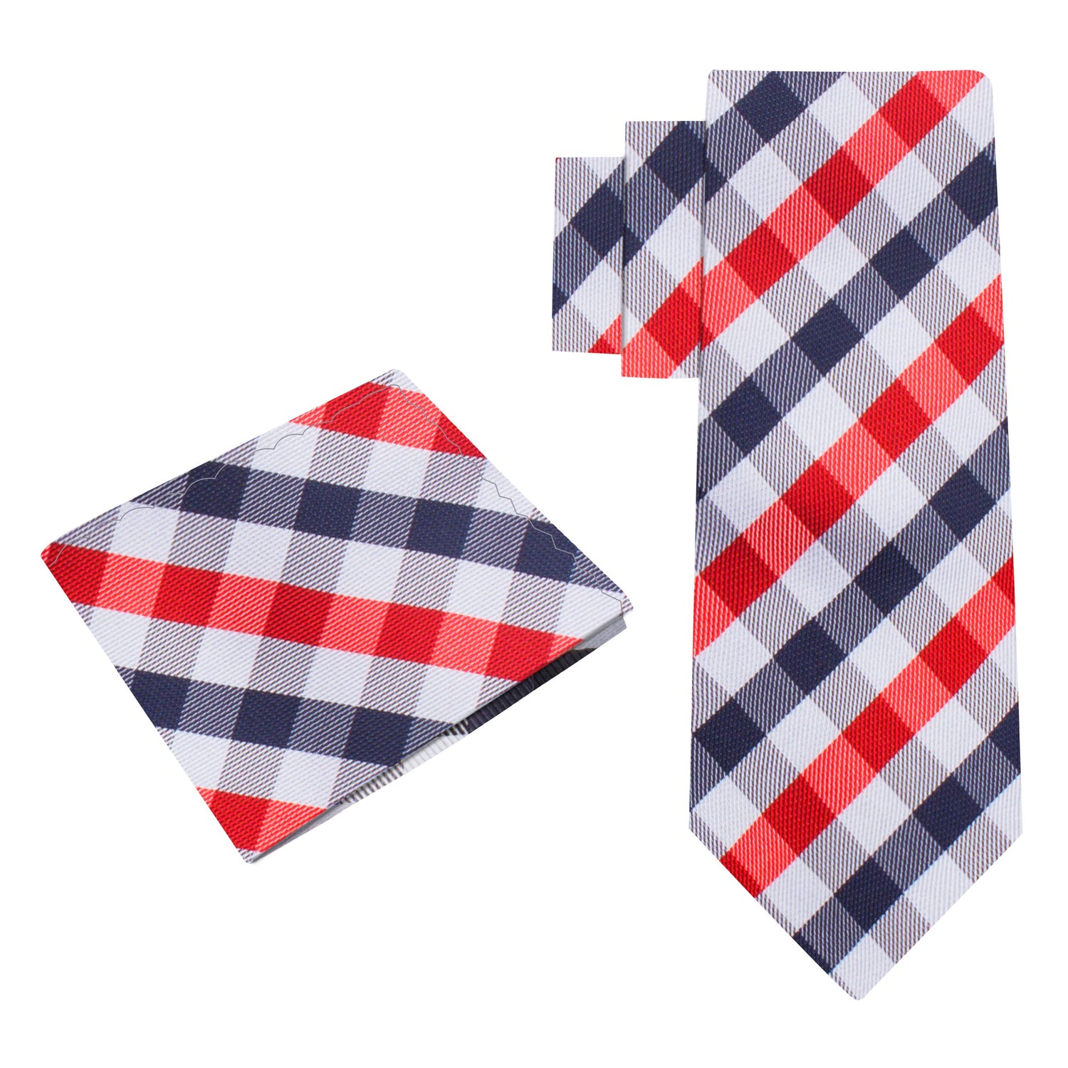 Alt View: A Red, White, Blue Small Geometric Checker Pattern Silk Necktie, With Matching Pocket Square
