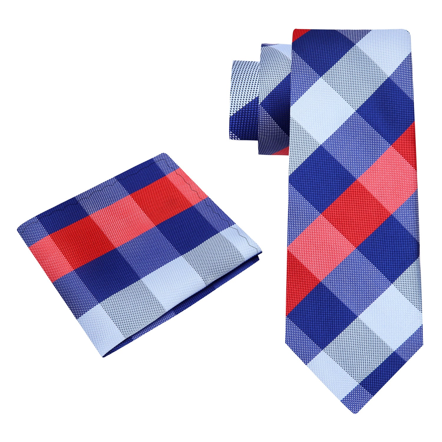 Alt View: A Red, White, Blue Plaid Pattern Silk Necktie, Matching Pocket Square