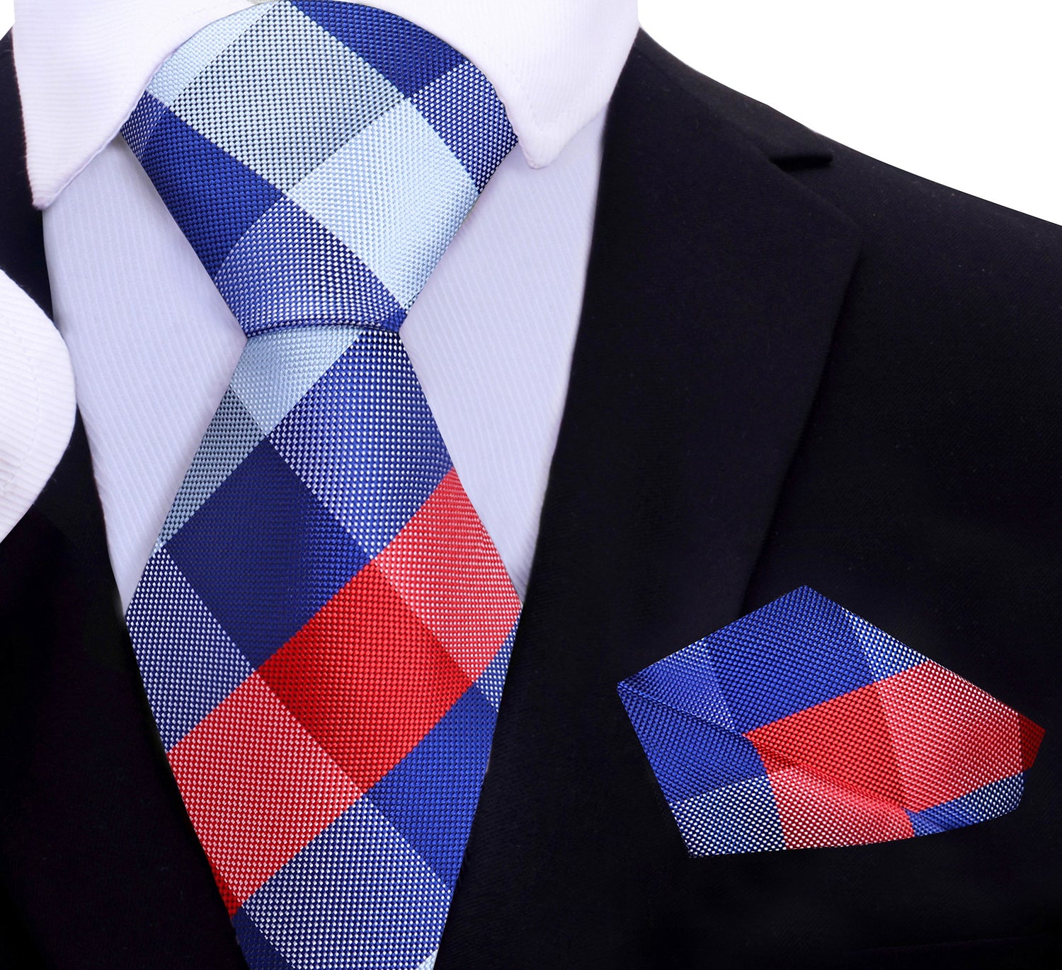 A Red, White, Blue Plaid Pattern Silk Necktie, Matching Pocket Square