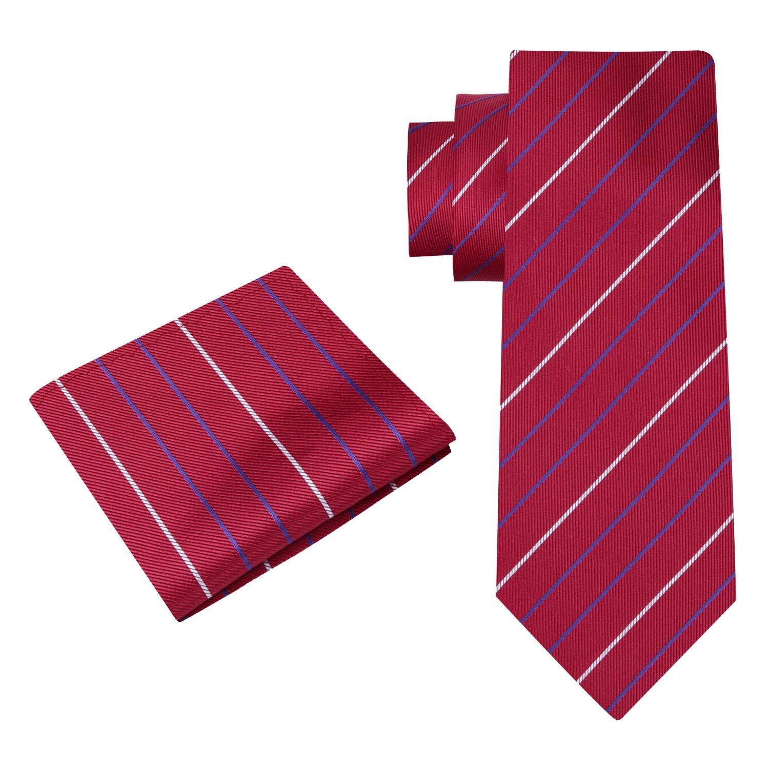 Alt View: A Red, White, Blue Stripe Pattern Silk Necktie, Matching Pocket Square