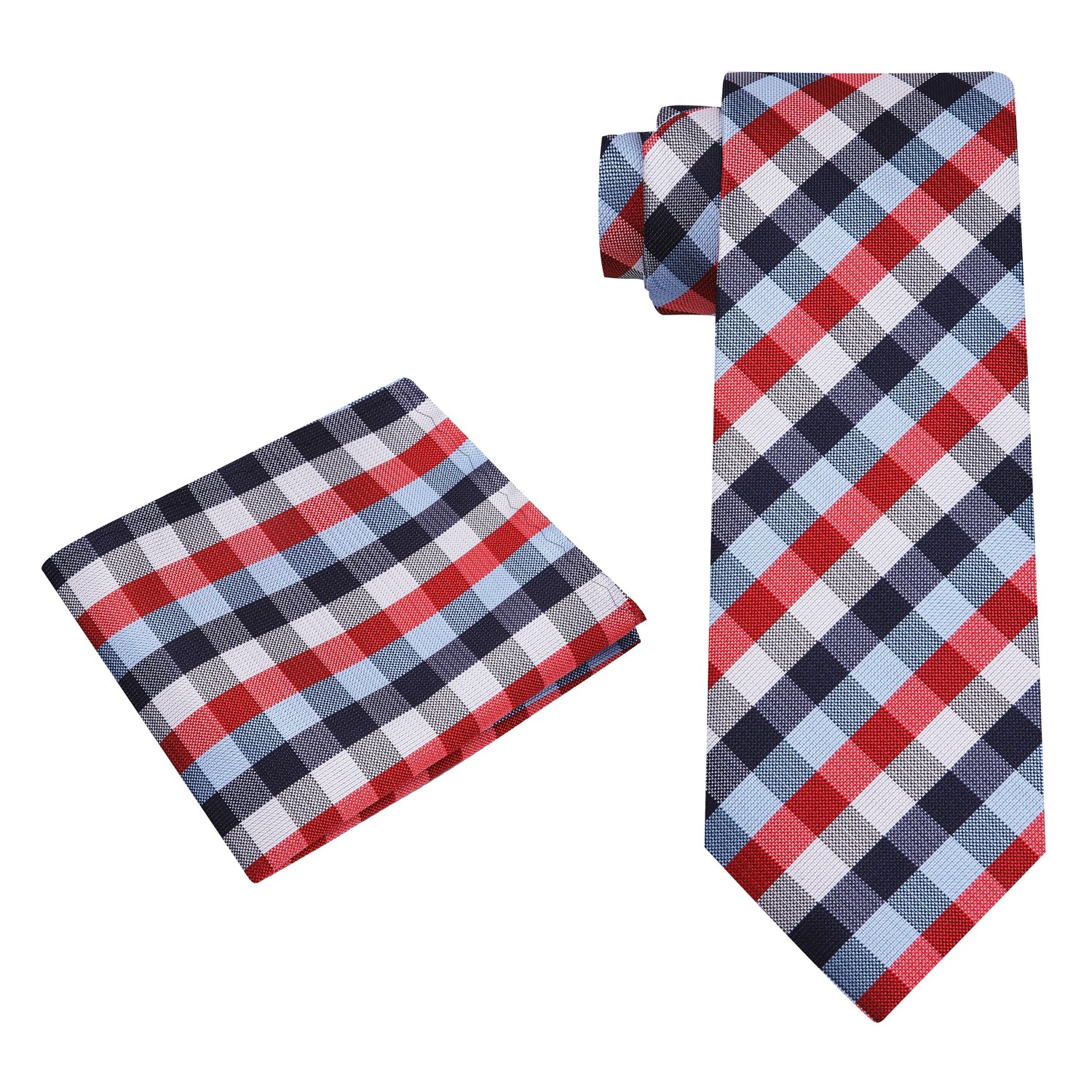 Alt View: A Red, White, Blue Geometric Check Pattern Silk Necktie, Matching Pocket Square