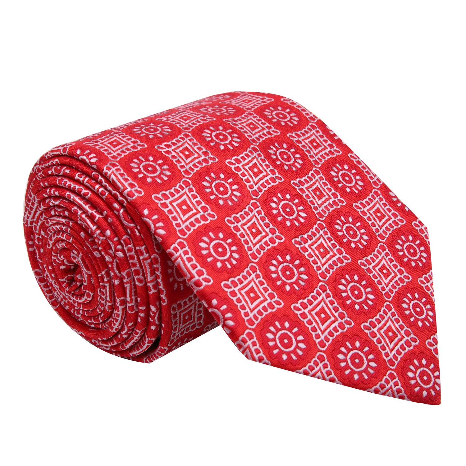 A Red Abstract Sun and Shapes Silk Necktie