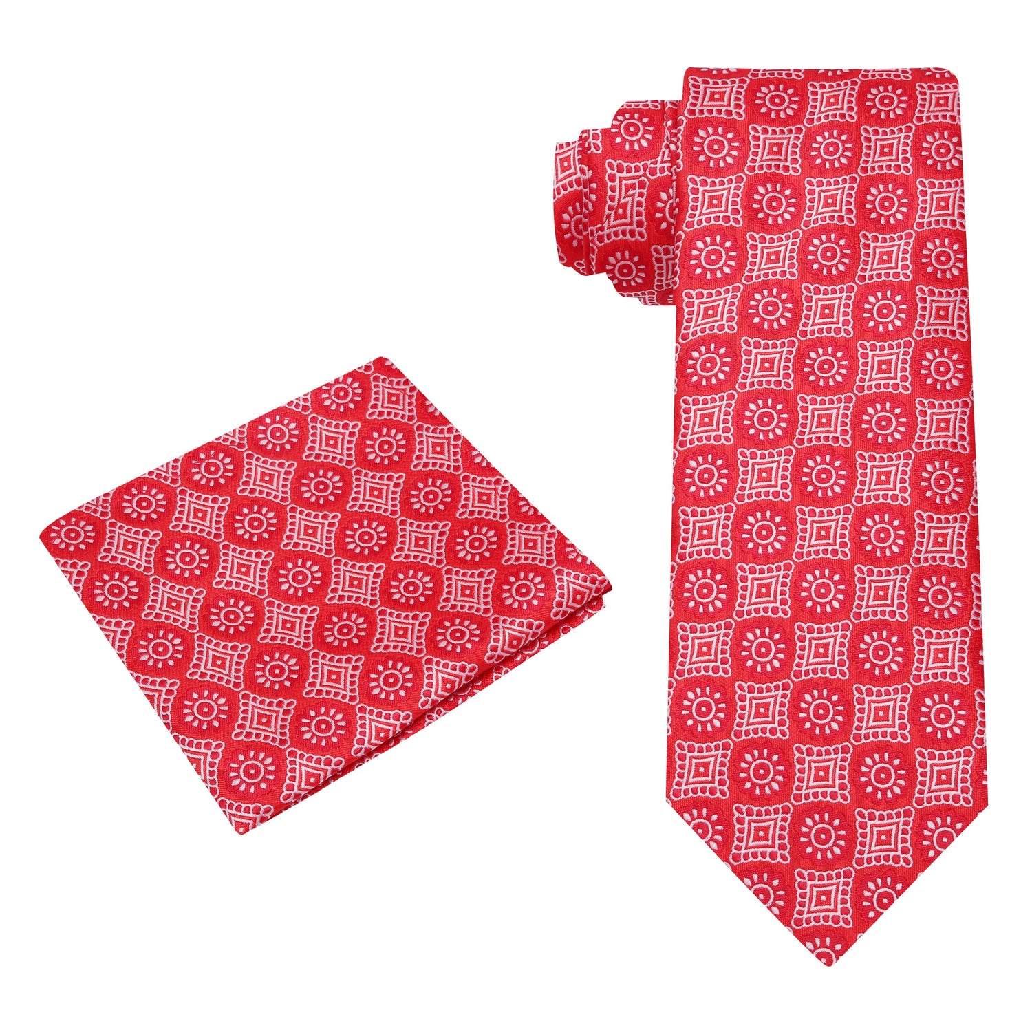 View 2: A Red Abstract Sun and Shapes Silk Necktie, Matching Pocket Square