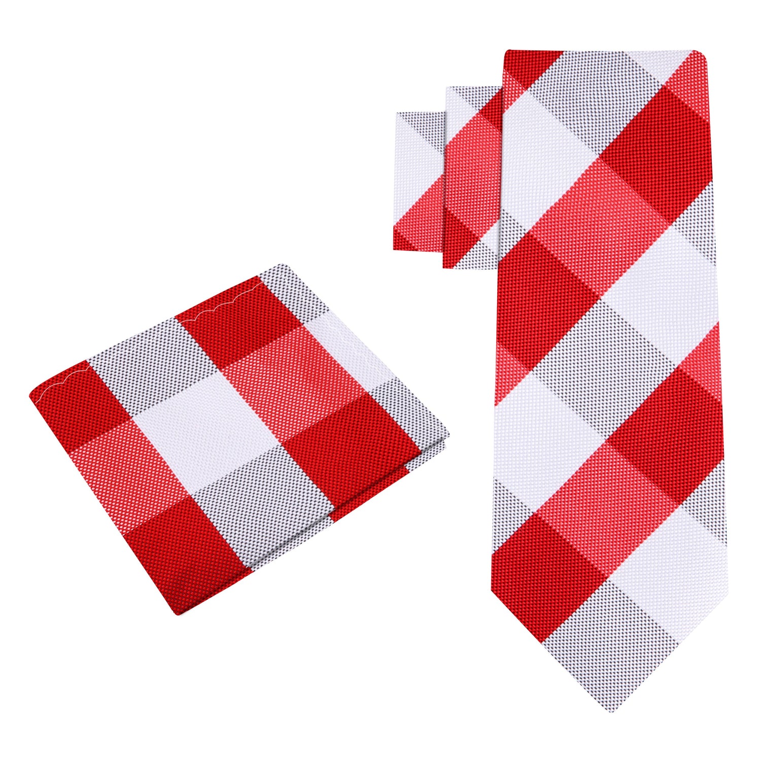 Alt View: A Red, White Plaid Pattern Silk Necktie, Matching Pocket Square