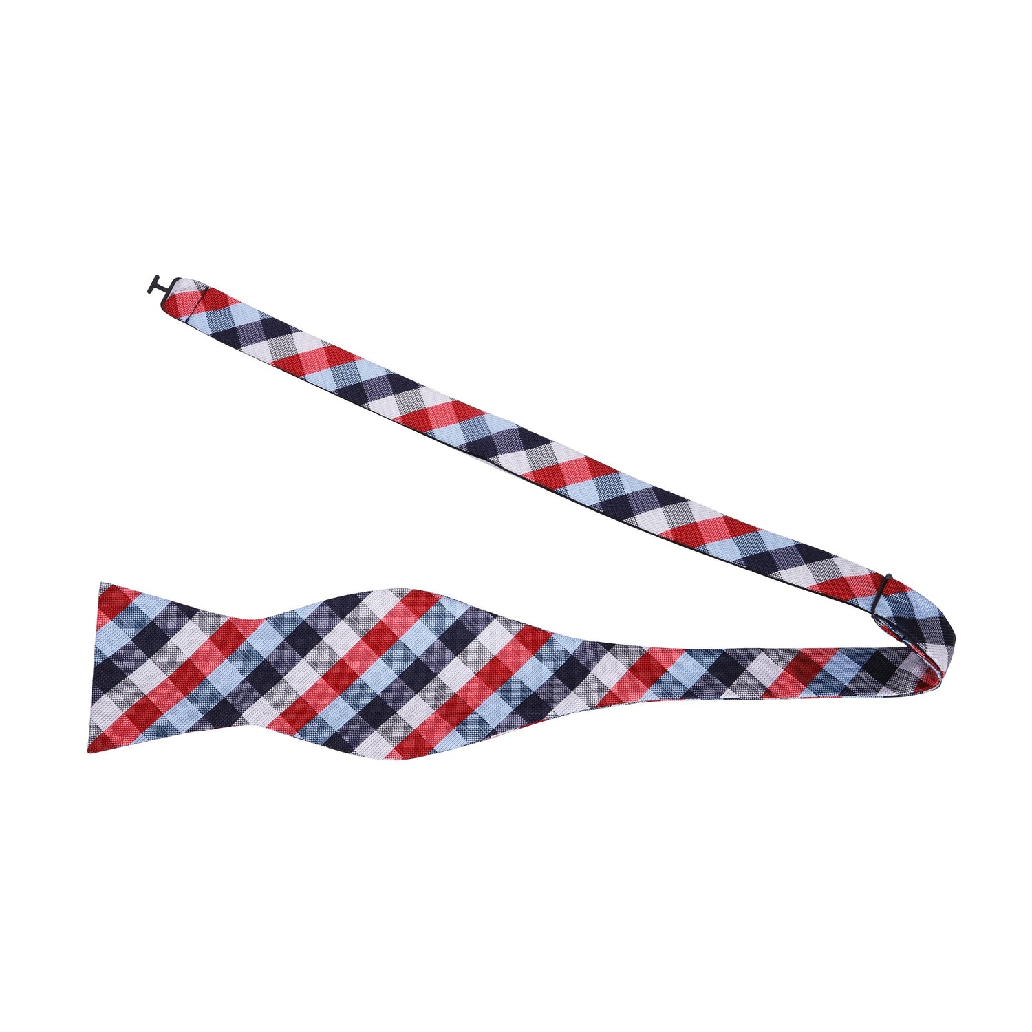 A Red, White, Blue Geometric Check Pattern Silk Self Tie Bow Tie Untied