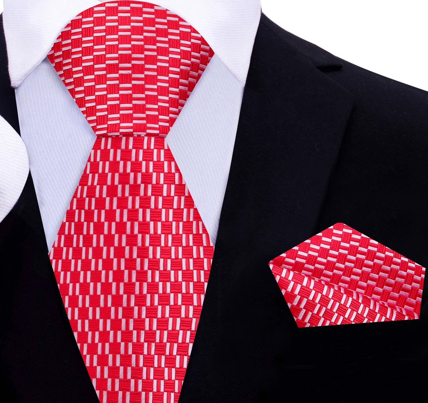 A Red, White Geometric Squares Pattern Silk Necktie, Matching Pocket Square