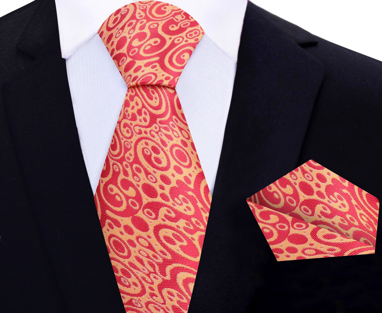 Main View: Red, Orange Abstract Tie and Pocket Square