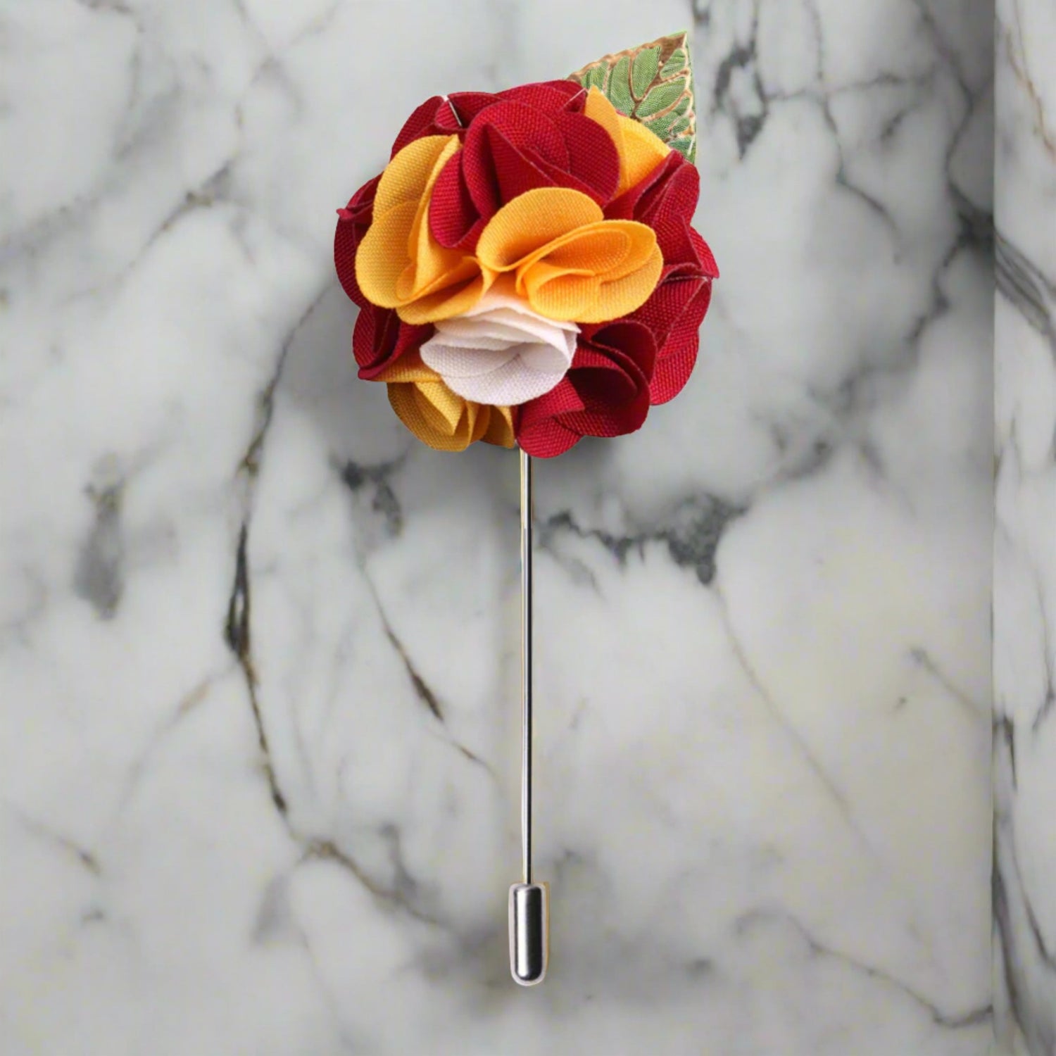 Main View: A Red, Yellow, White Detailed Lapel Flower With Gold Colored Metal Leaf Lapel Pin||Red, Yellow, White
