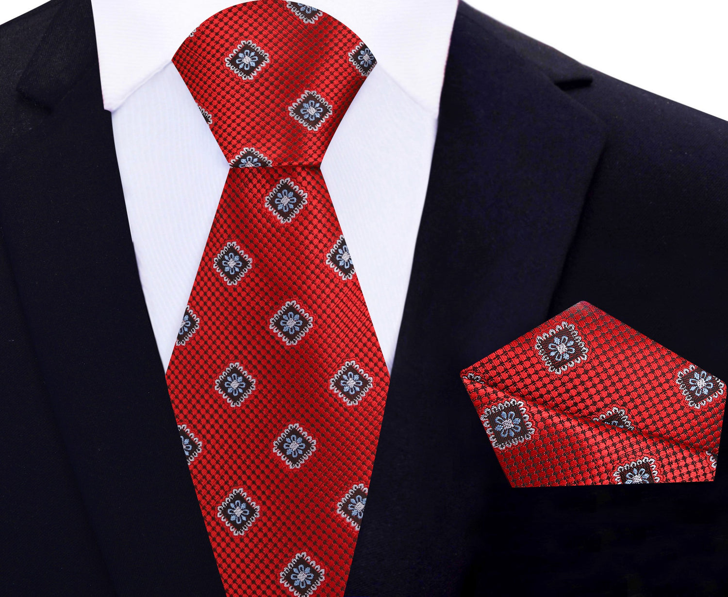 Red Geometric Medallion Tie and Pocket Square