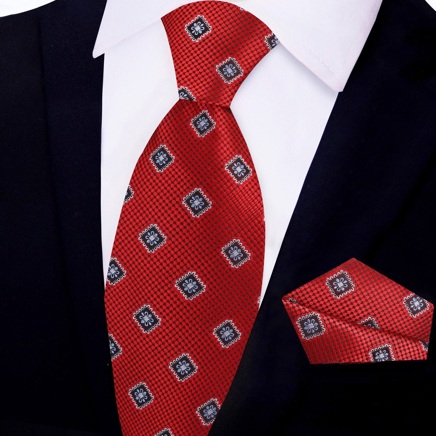 View 2: Red Geometric Medallion Tie and Pocket Square