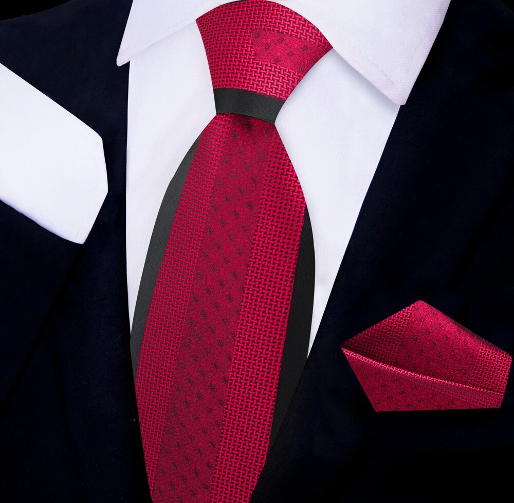 Red, Black Geometric Tie and Pocket Square||Red
