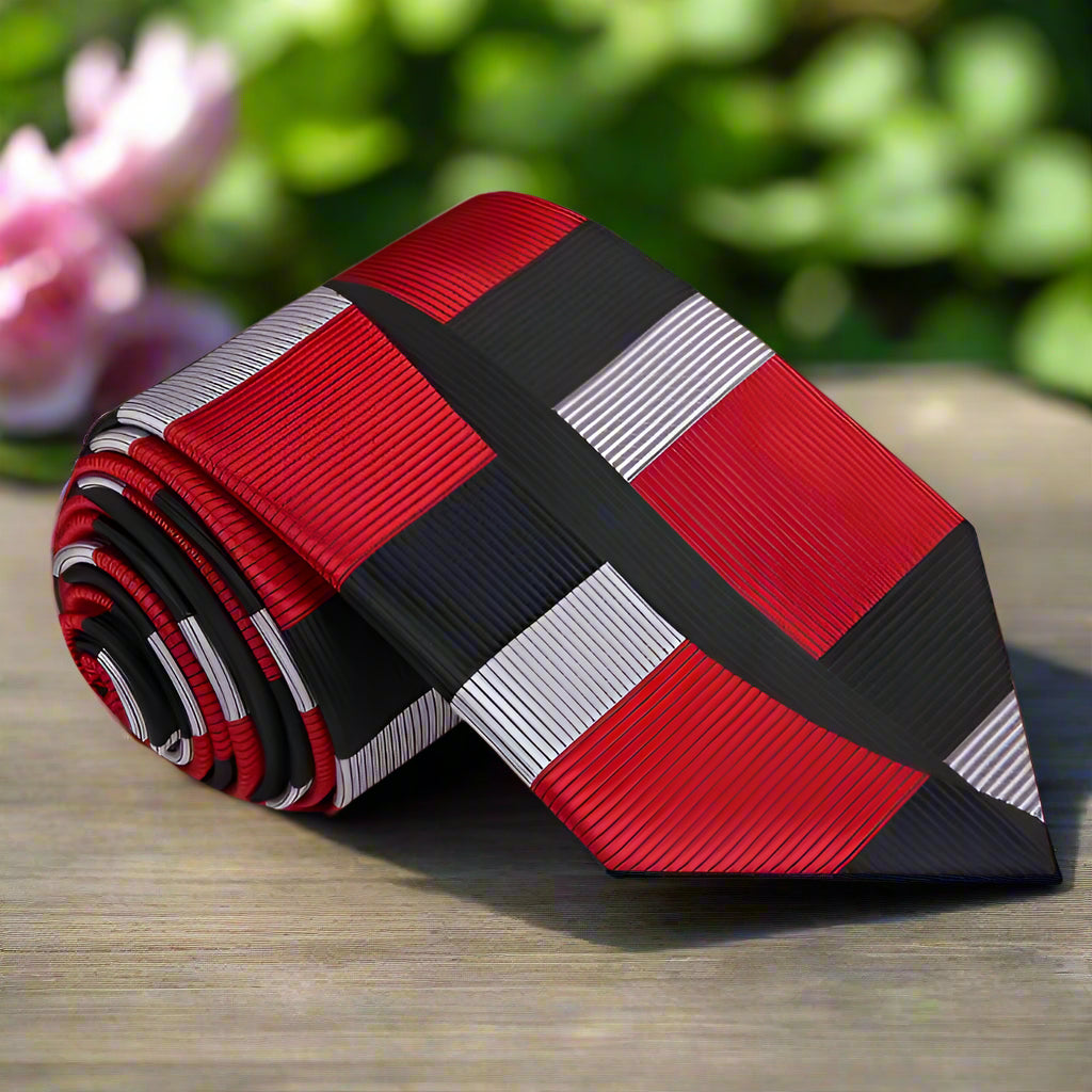 Red, black and silver abstract necktie.