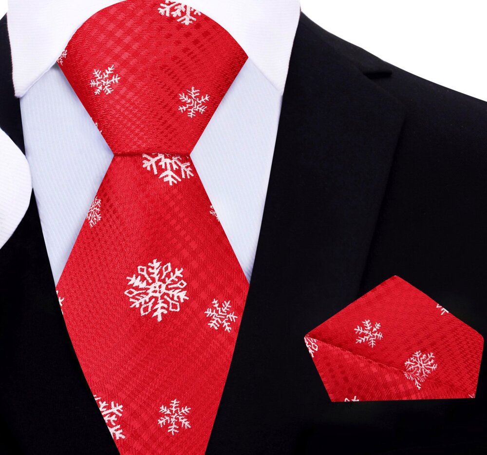 Red, Light Grey Plaid with Snowflake Tie and Pocket Square