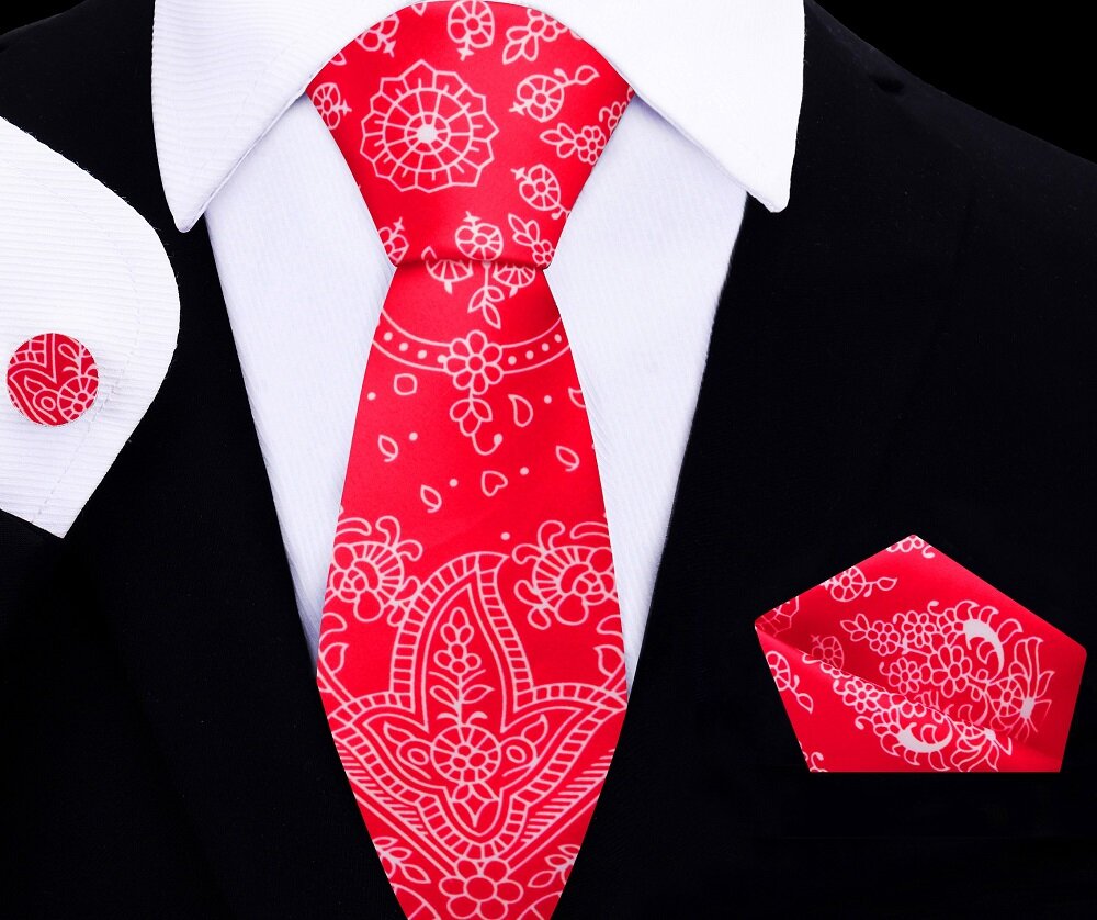 Red White Paisley Tie Set||Red