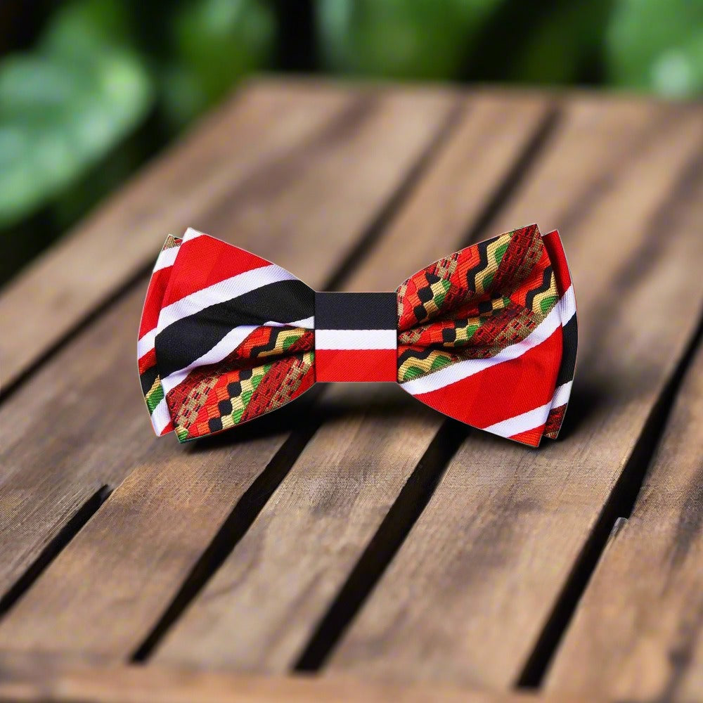 A Red, Black, White, Light Gold, Green, Brown Color Abstract Pattern Silk Bow Tie