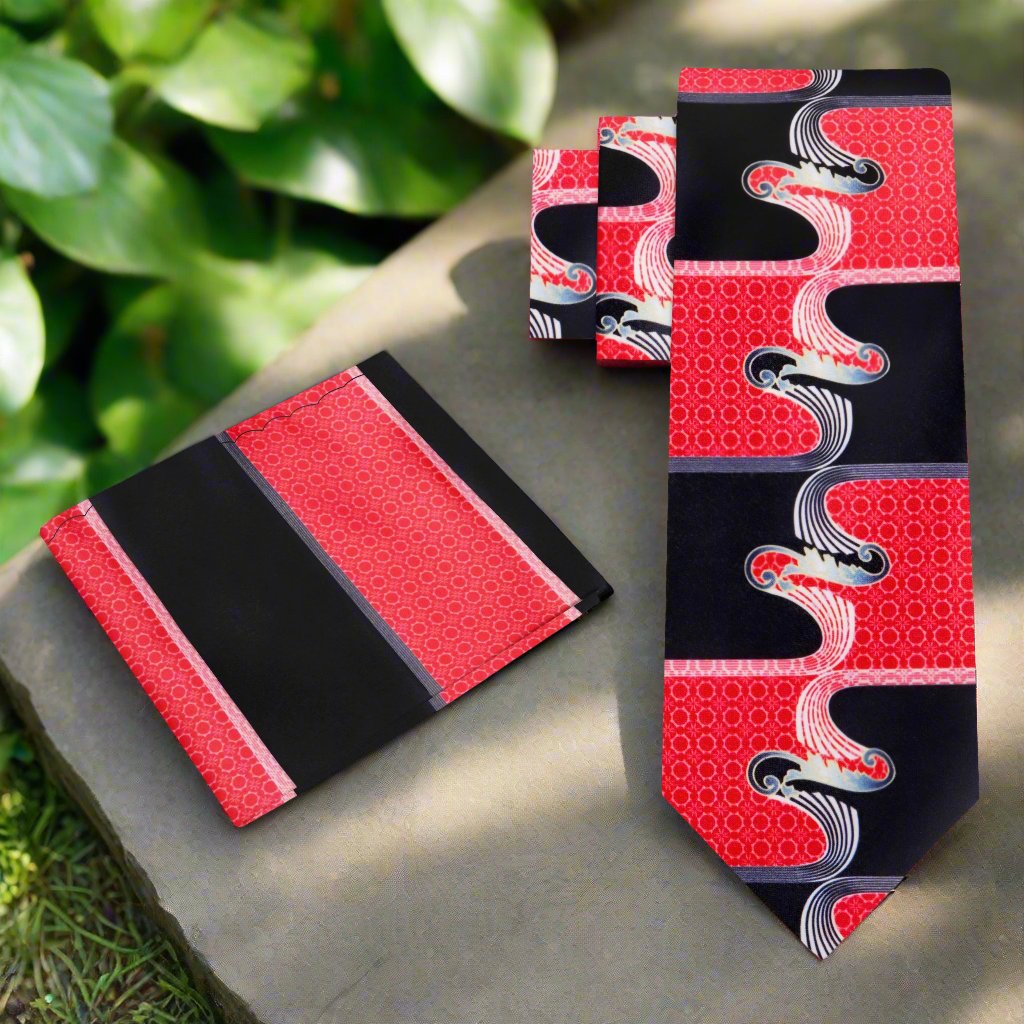 Alt View: Red Black Abstract Tie and Pocket Square