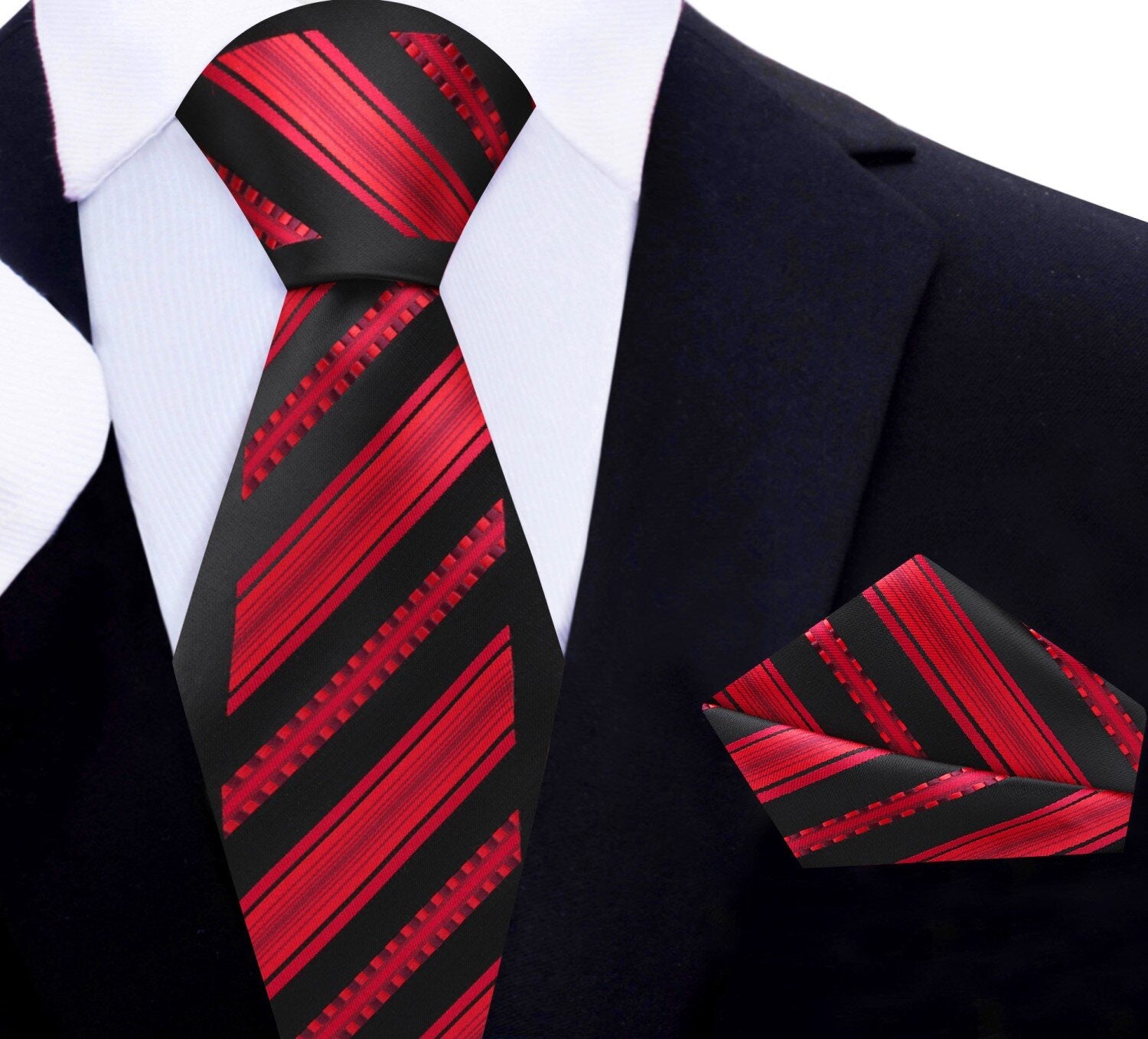 Main View: Black, Red Stripe Tie and Pocket Square