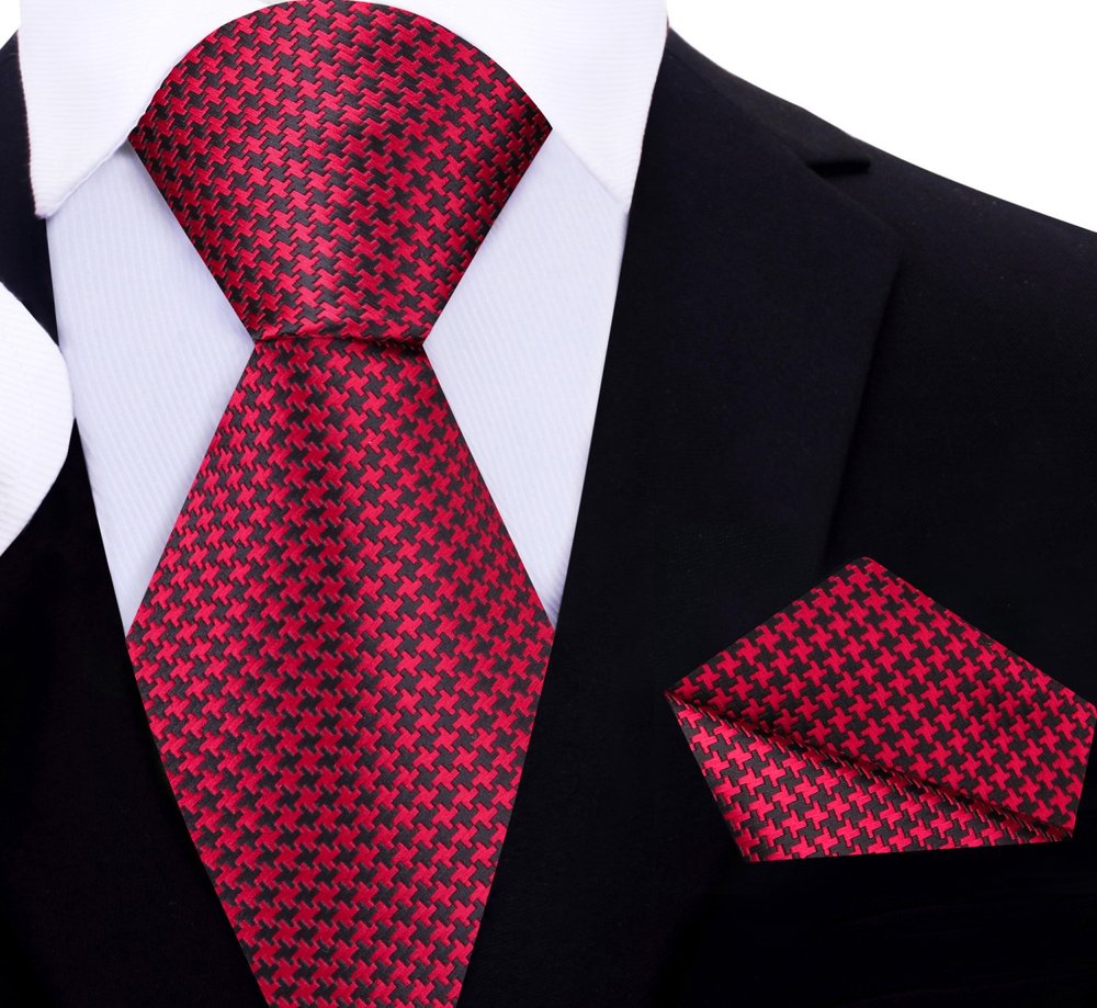 Red and Black Hounds Tooth Tie and Pocket Square