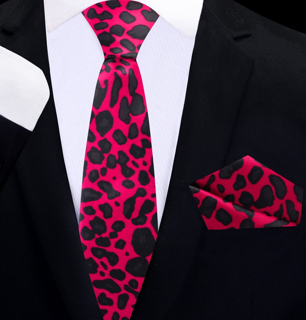 Thin tie Red Black Cheetah Tie and Square||Red