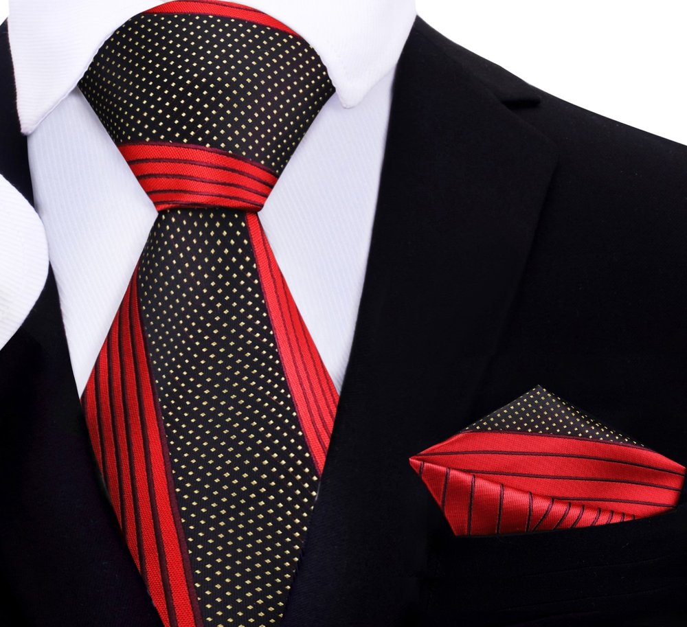 Red, Black and Gold Abstract Tie and Pocket Square