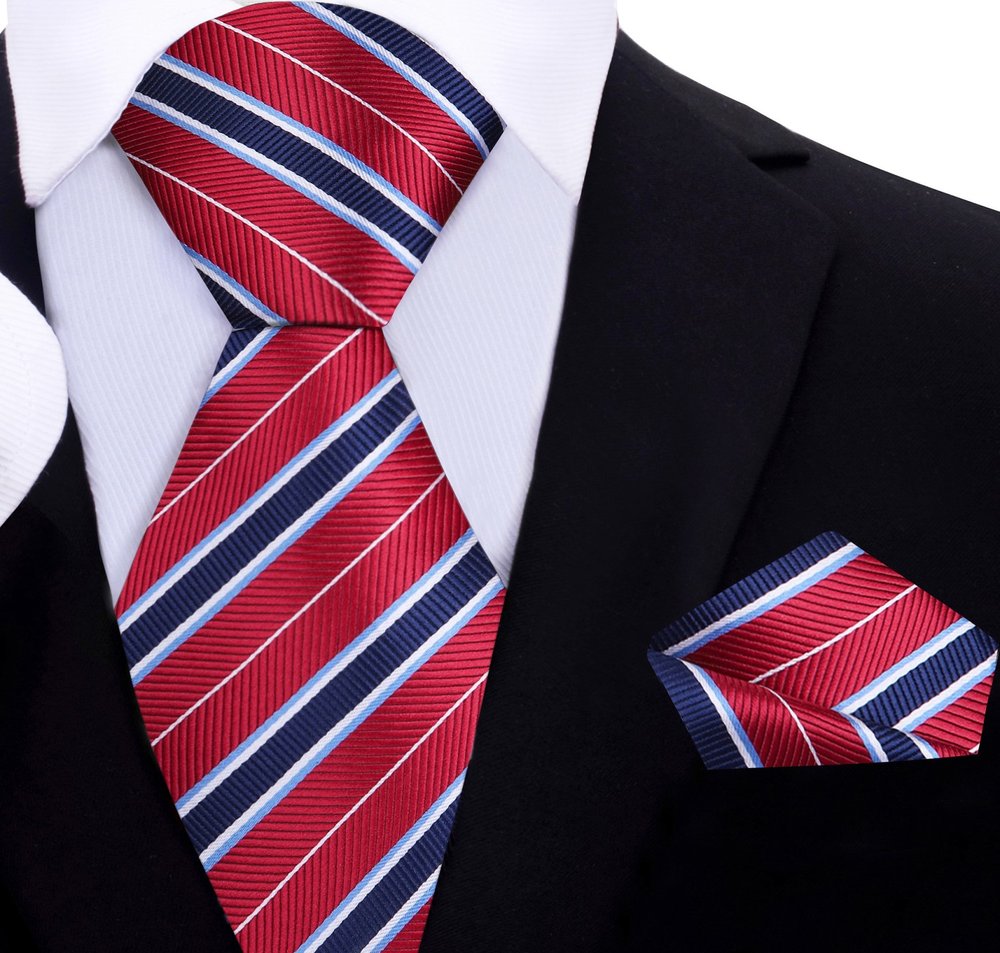 ||Red, Blue, White Stripe Tie and Pocket Square
