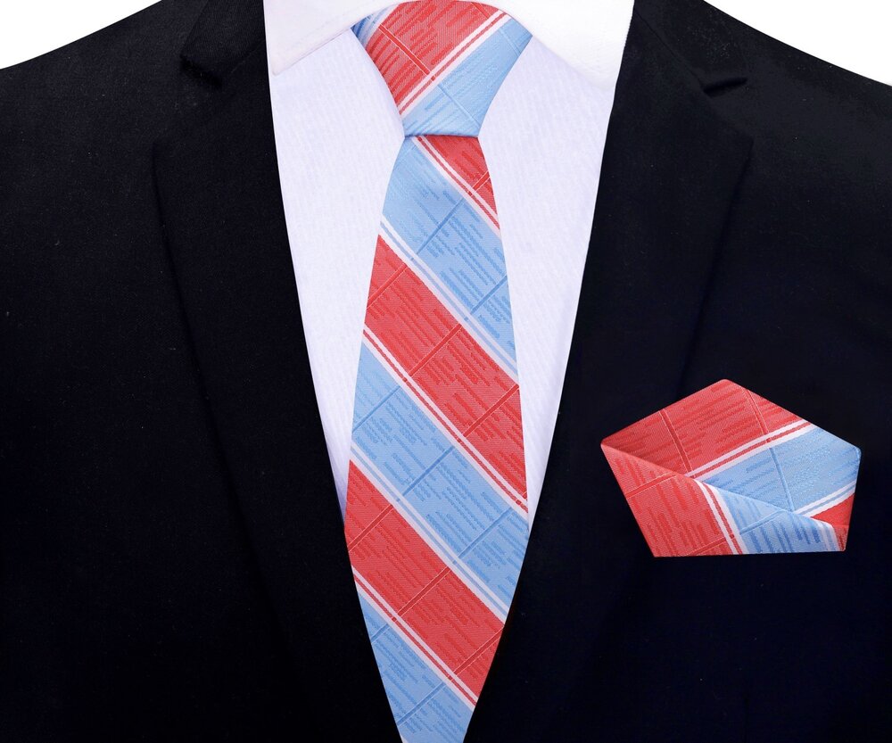 Red Blue Stripe Thin Tie and Pocket Square||Red, Blue